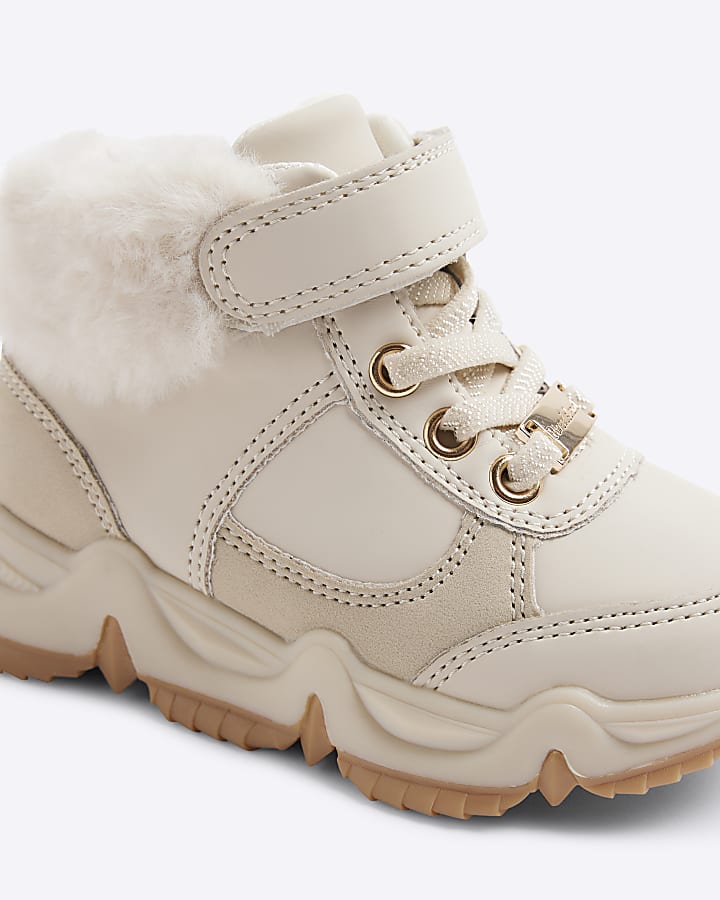 Mini girls cream faux fur cuff trainers