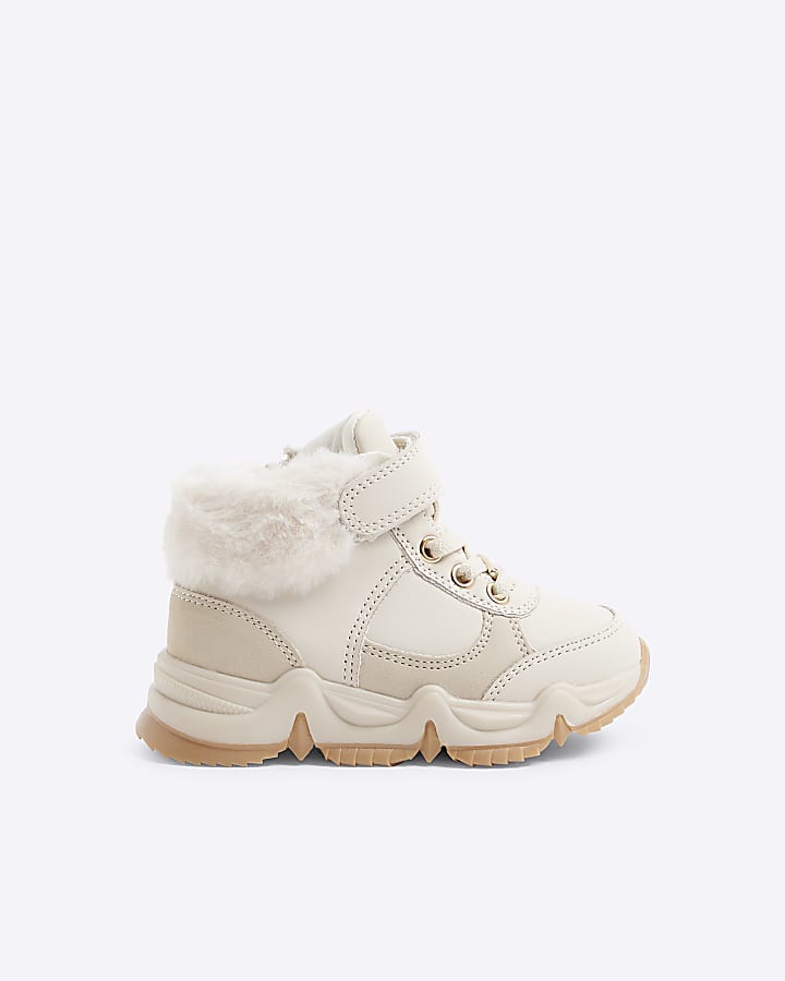 Mini girls cream faux fur cuff trainers