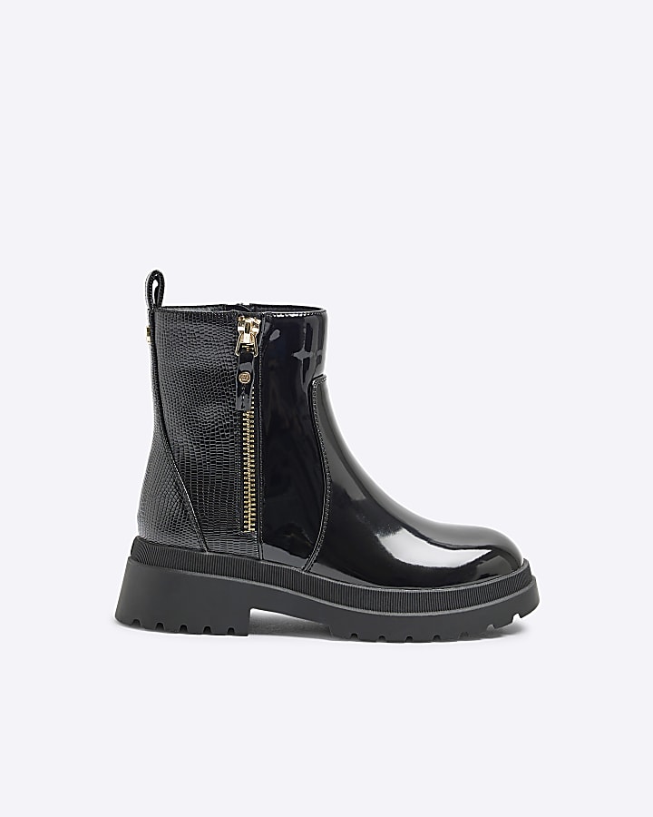 Girls Black RI Patent Side Zip Boots River Island