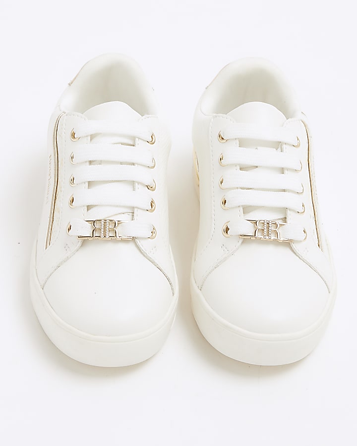 Girls white metallic snake embossed trainers