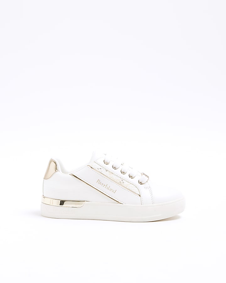 Girls white metallic snake embossed trainers River Island