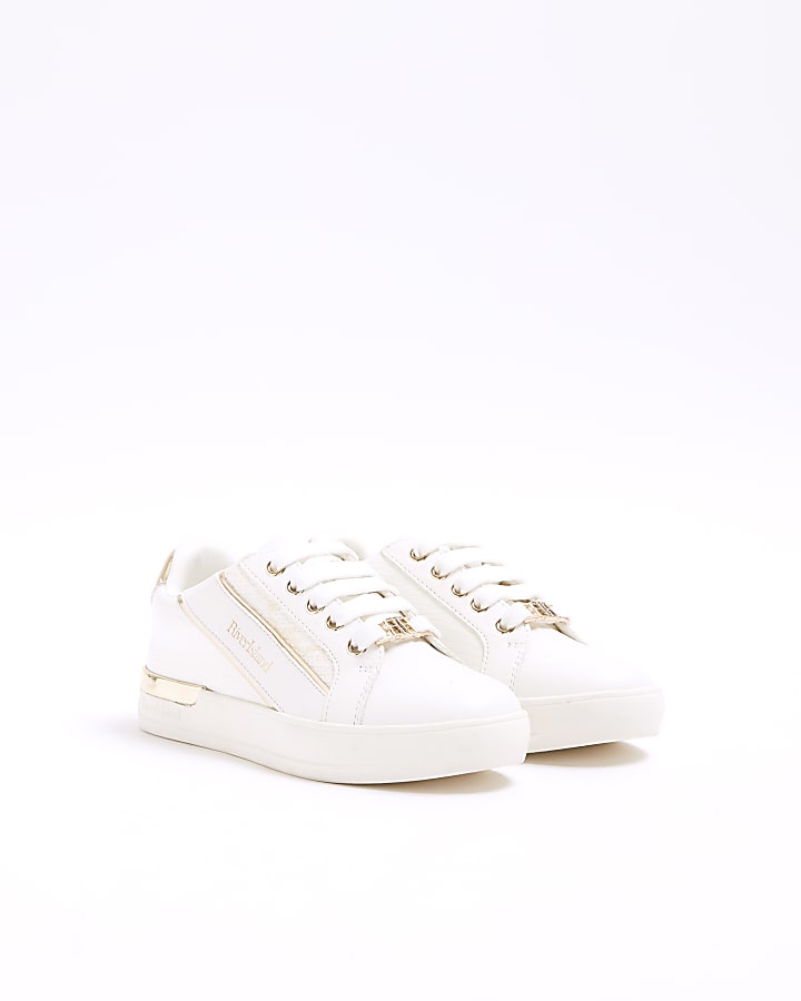 Girls white metallic snake embossed trainers