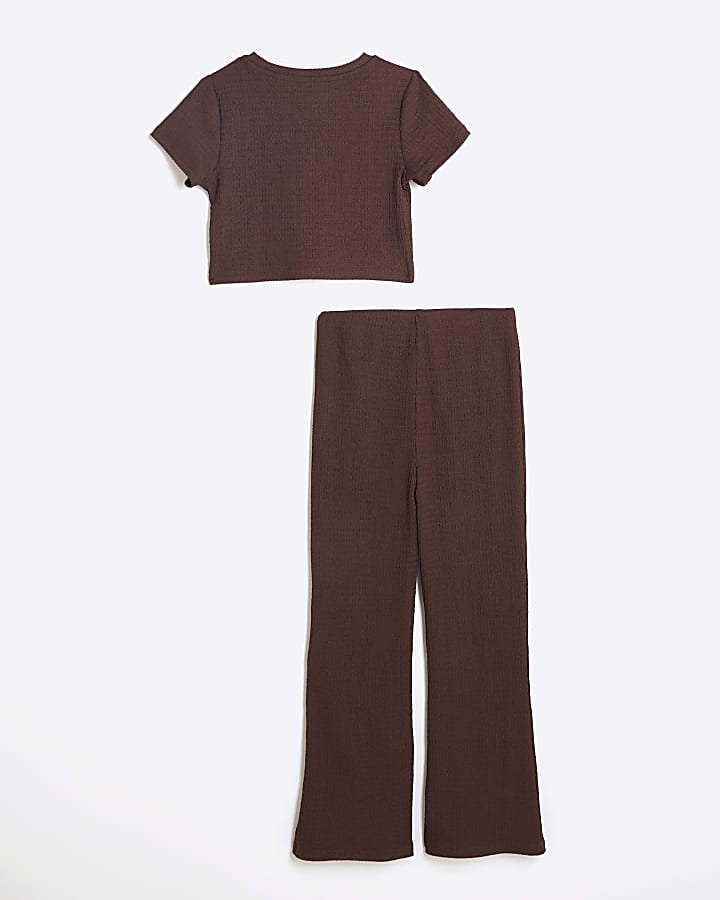 Girls Brown Crop T-Shirt And Trousers Set