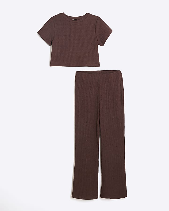 Girls Brown Crop T-Shirt And Trousers Set