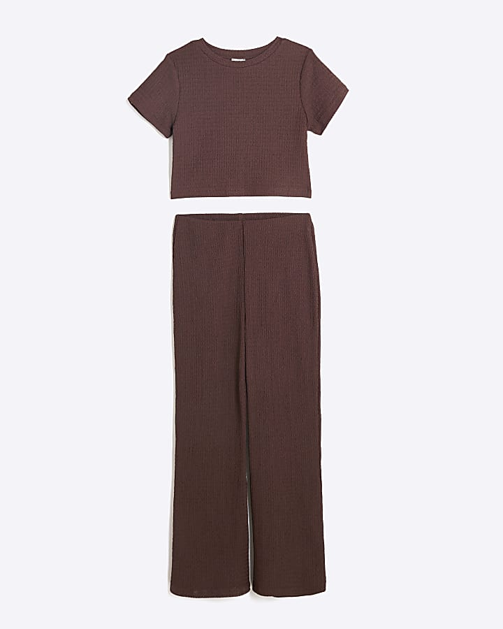 Girls Brown Crop T-Shirt And Trousers Set