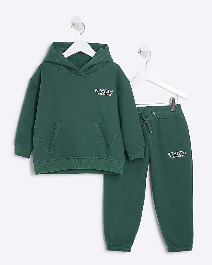 Mini boys Green Embroidered Hoodie Set