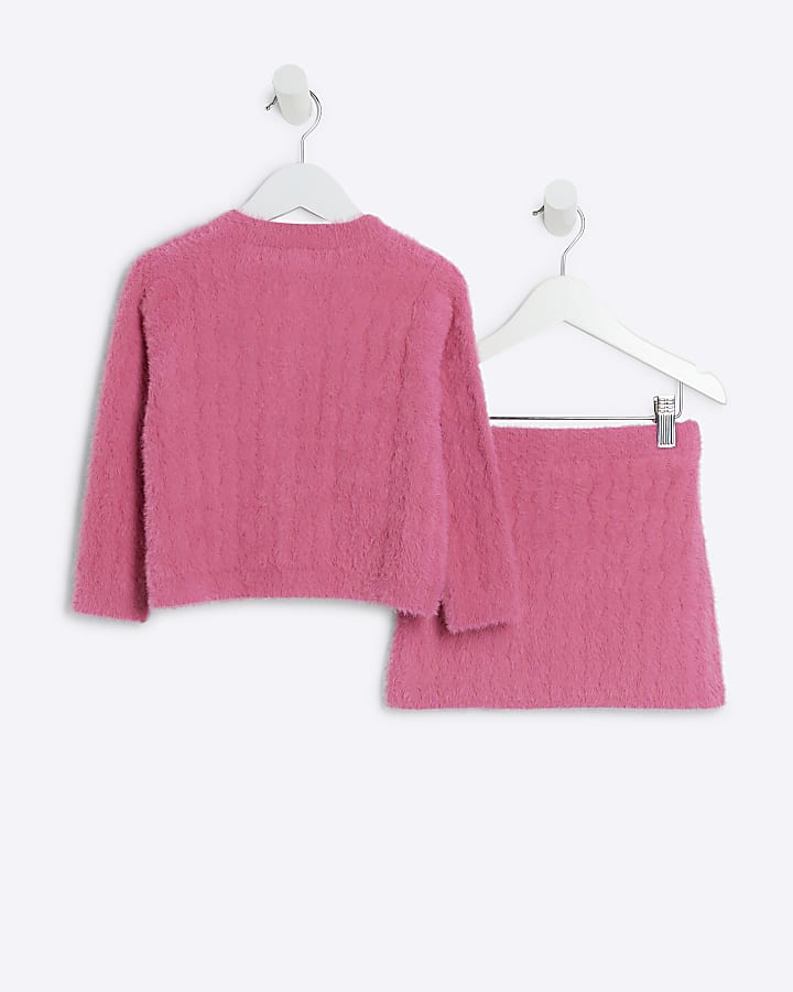 Mini Girls Pink Fluffy Cardigan And Skirt Set