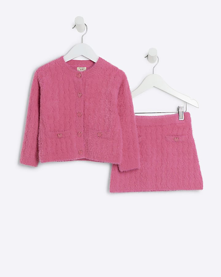 Mini Girls Pink Fluffy Cardigan And Skirt Set