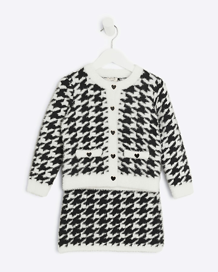 Mini girls black fluffy dogtooth cardigan set