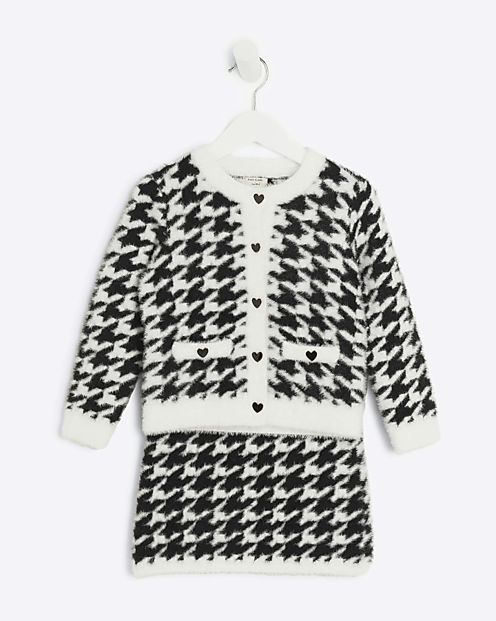 Mini girls black fluffy dogtooth cardigan set