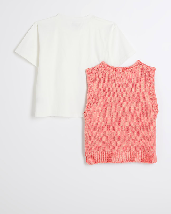 Girls pink cable knit vest top and t-shirt