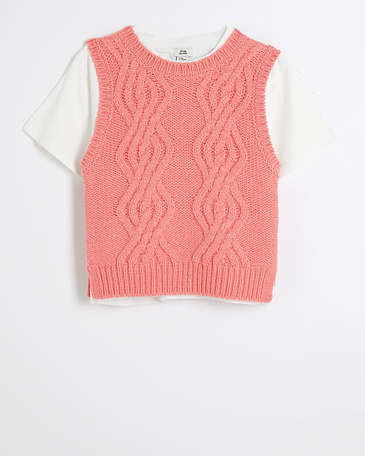 Girls pink cable knit vest top and t-shirt