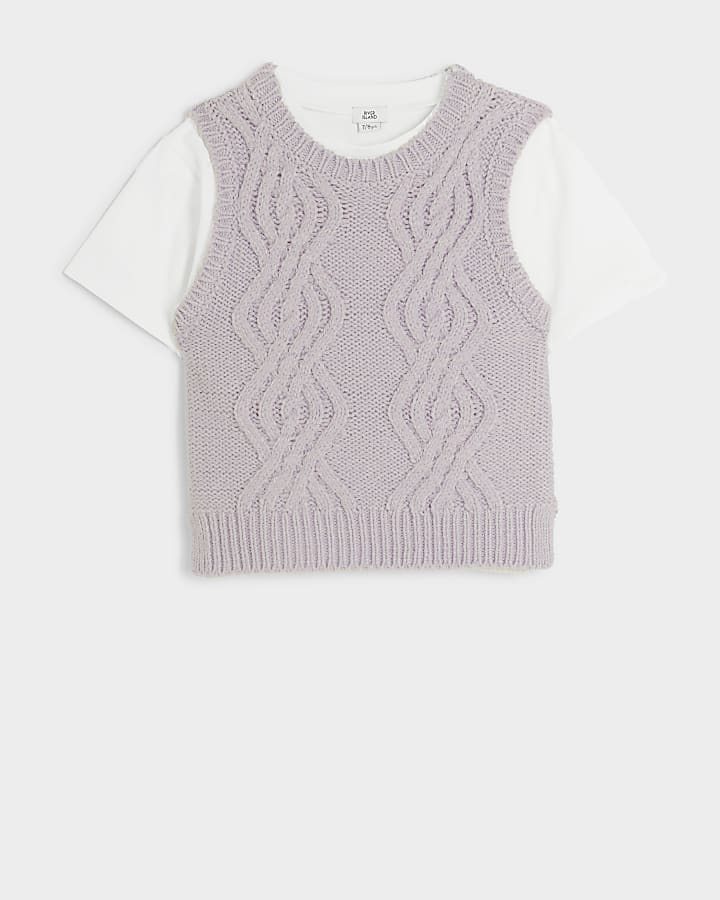 Girls purple cable knit vest top and t-shirt