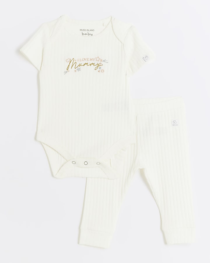 Baby beige rib I love my Mummy all in one set