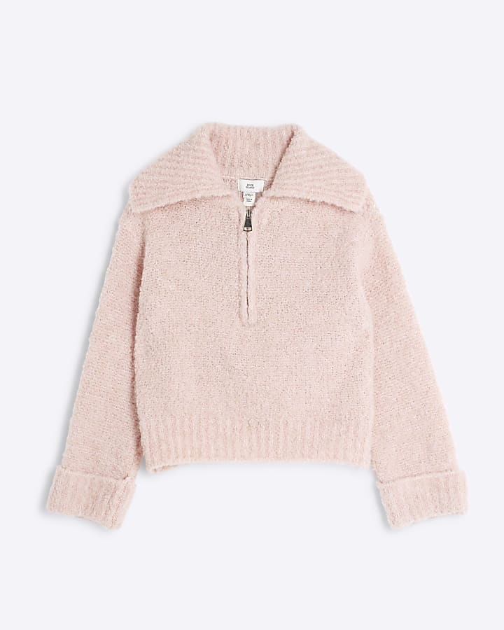 Girls Pink Boucle Zip Funnel Neck Jumper