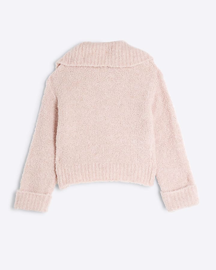 Girls Pink Boucle Zip Funnel Neck Jumper