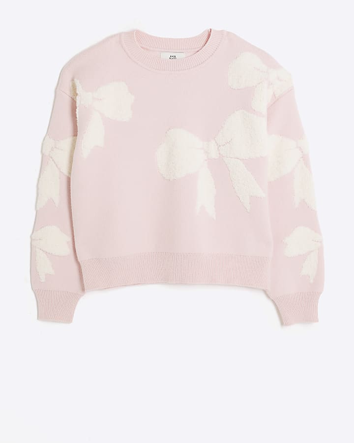 Girls pink boucle bow jumper River Island