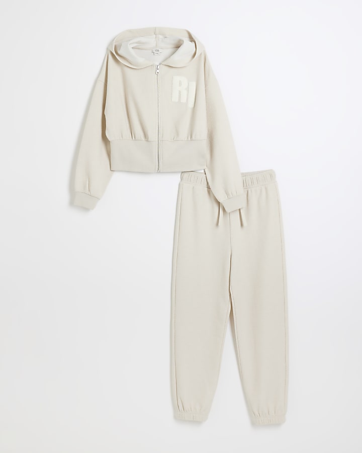 Girls beige textured hoodie and joggers set River Island