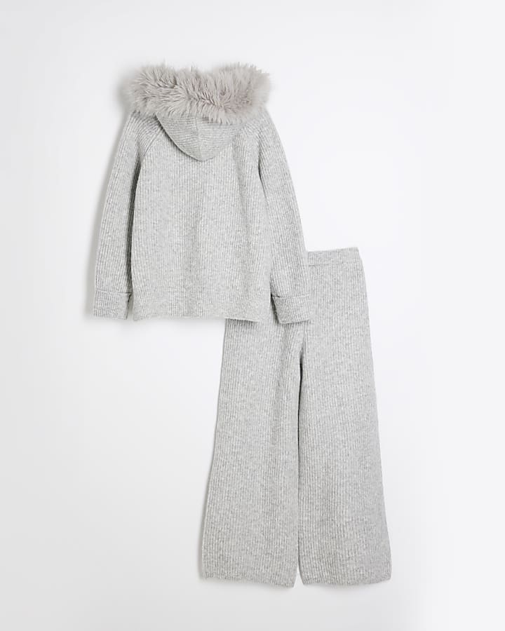 Grey Rib Hooded Wide Leg Set