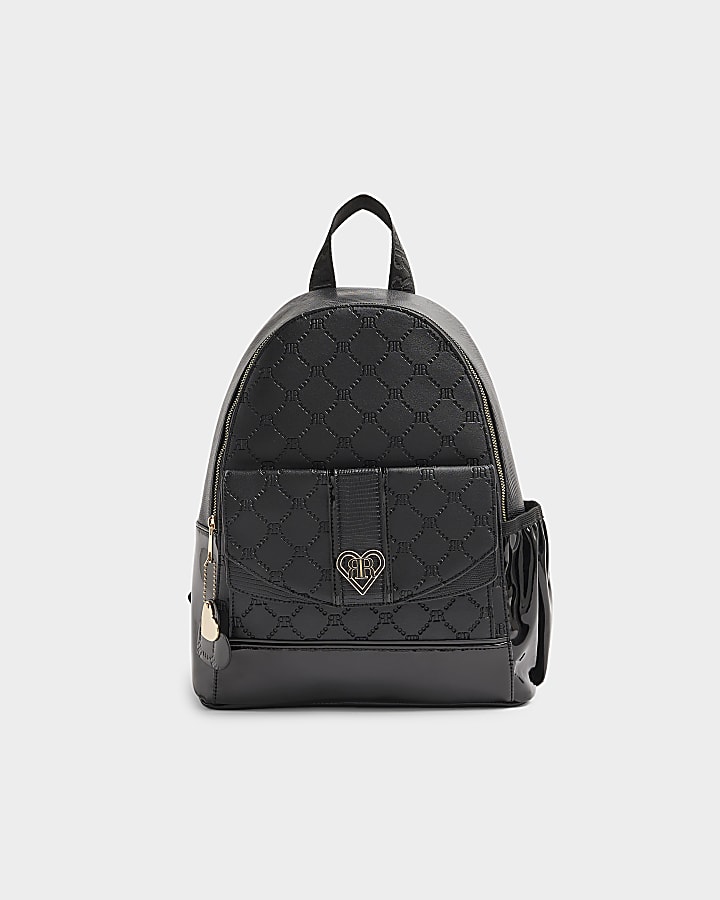 Girls black embossed monogram backpack River Island