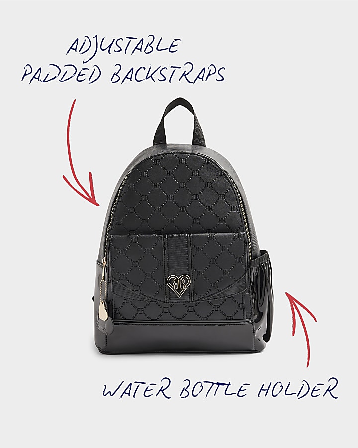 Girls black embossed monogram backpack