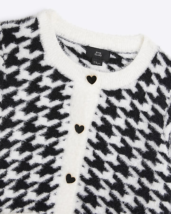 Girls black fluffy dogtooth cardigan set