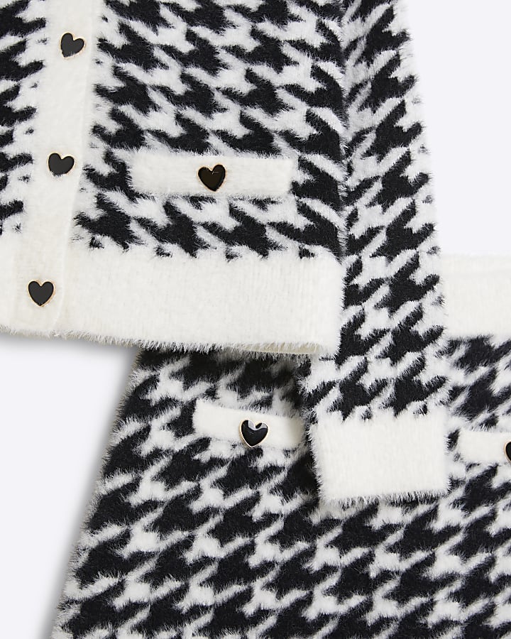Girls black fluffy dogtooth cardigan set