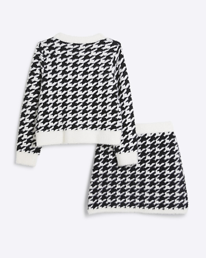 Girls black fluffy dogtooth cardigan set