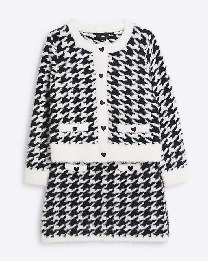 Girls black fluffy dogtooth cardigan set