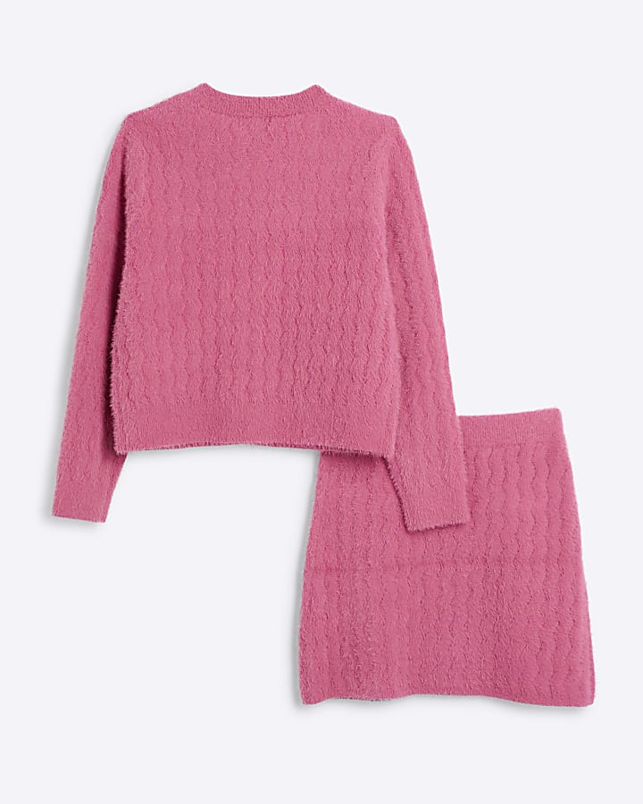 Girls Pink Fluffy Cardigan And Skirt Set