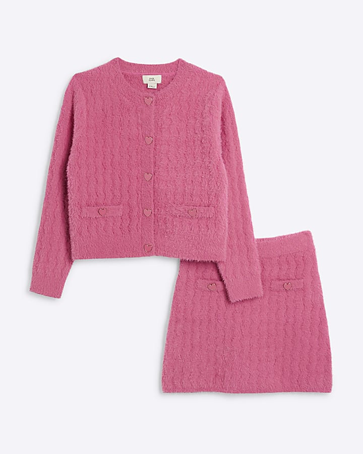 Girls Pink Fluffy Cardigan And Skirt Set