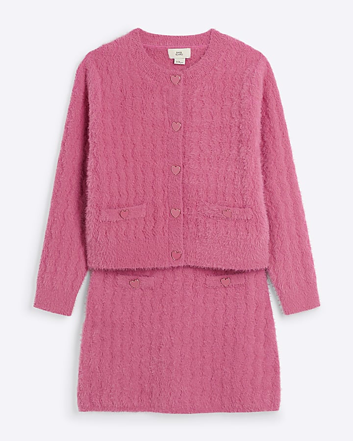 Girls Pink Fluffy Cardigan And Skirt Set