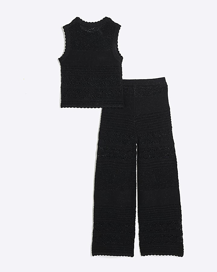 Girls black crochet tank top and trousers set