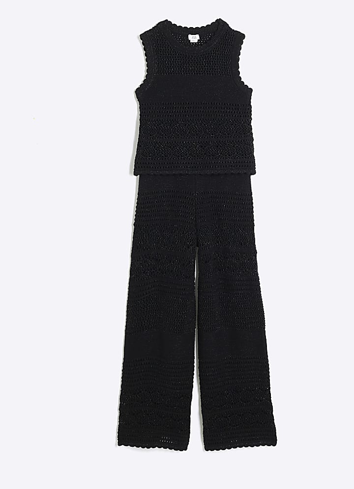 Girls black crochet tank top and trousers set