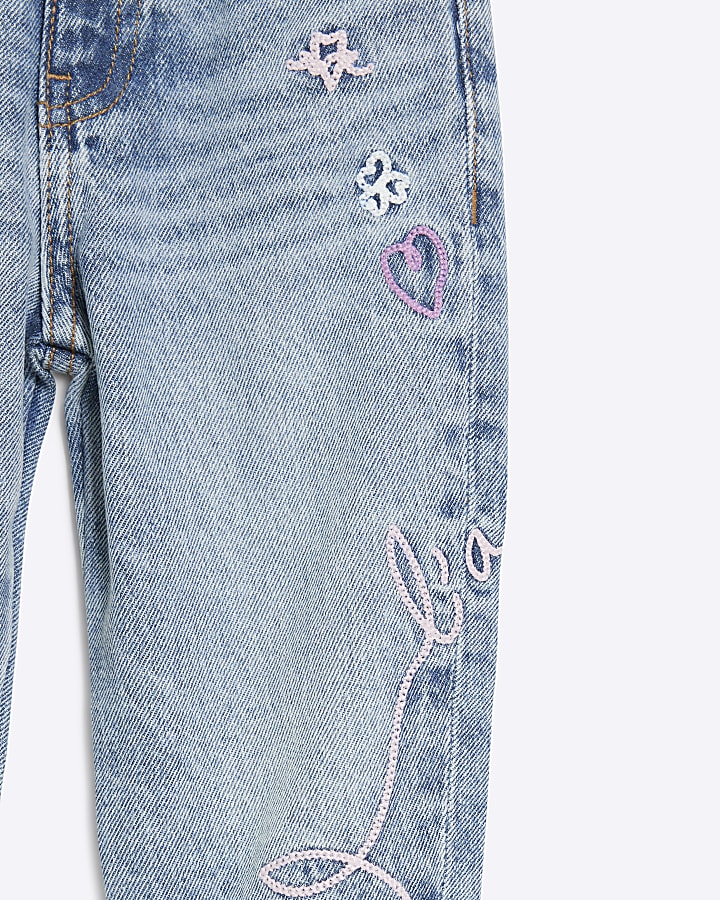 Mini girls blue embroidered mom jeans