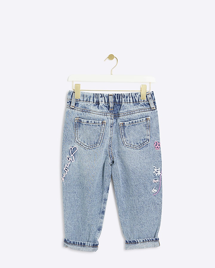 Mini girls blue embroidered mom jeans