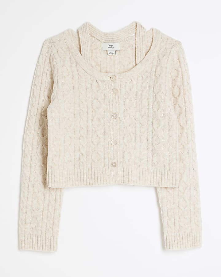 Girls cream cable knit halter neck cardigan