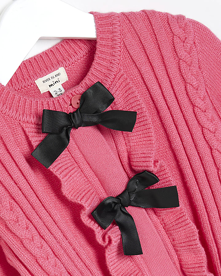 Mini Girls Pink Knitted Bow Cardigan