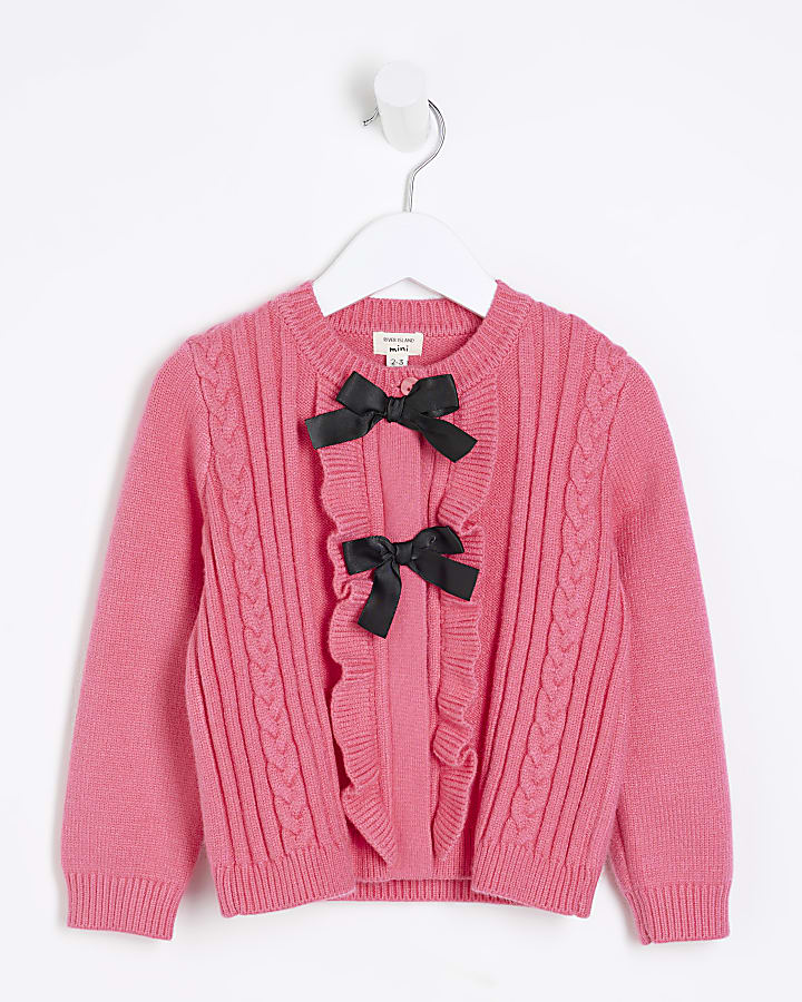 Mini Girls Pink Knitted Bow Cardigan