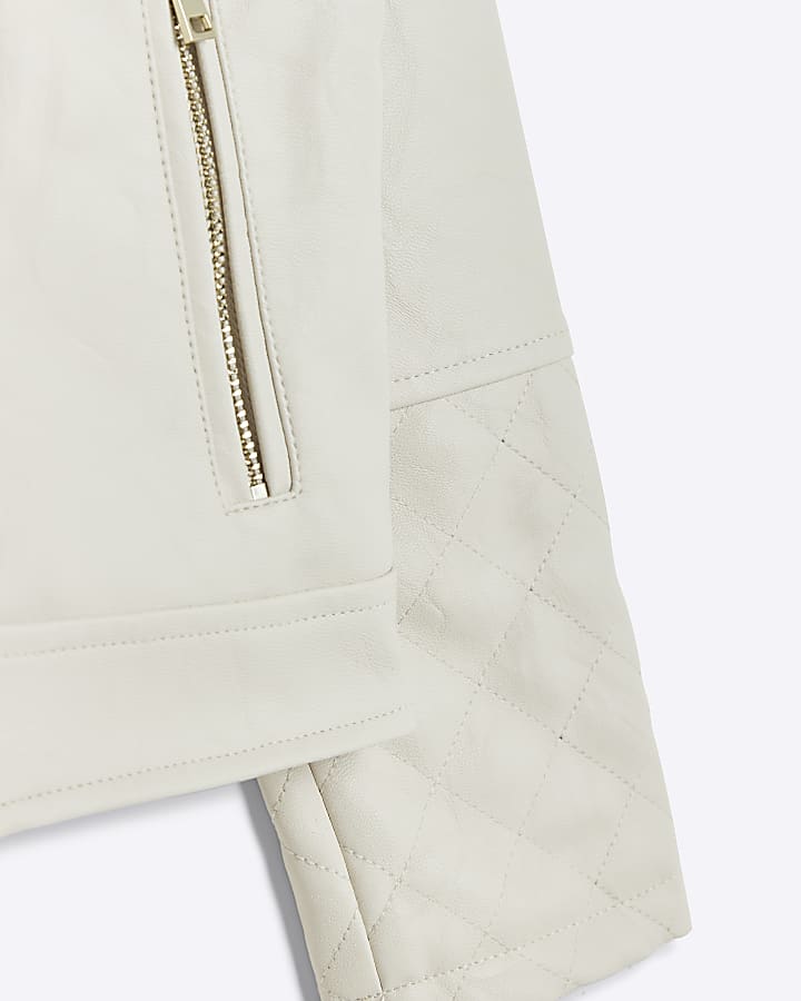 Girls cream quilted cuff biker jacket