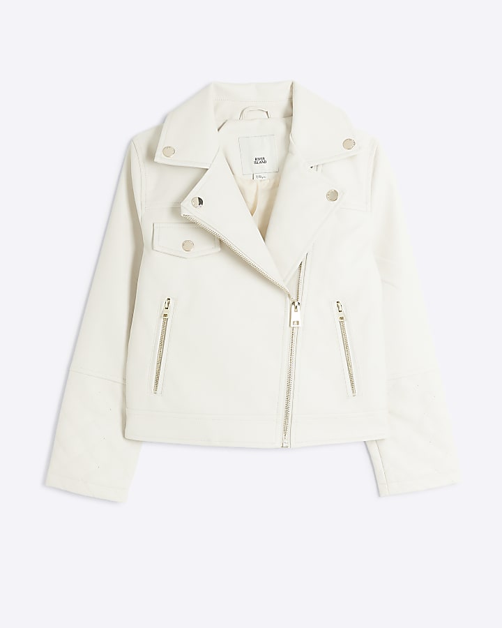 Girls cream quilted cuff biker jacket