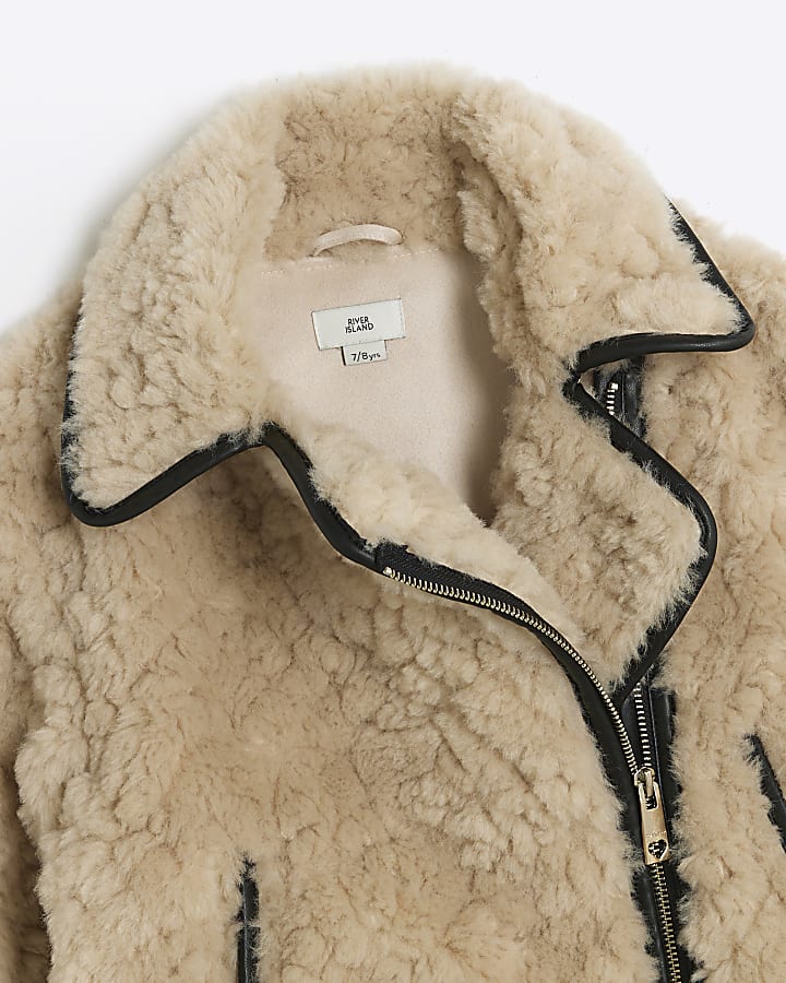 Girls cream borg aviator jacket