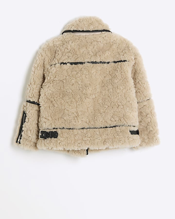 Girls cream borg aviator jacket