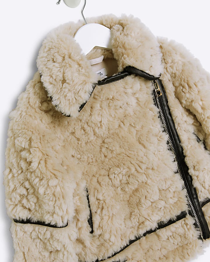 Mini girls cream borg aviator jacket