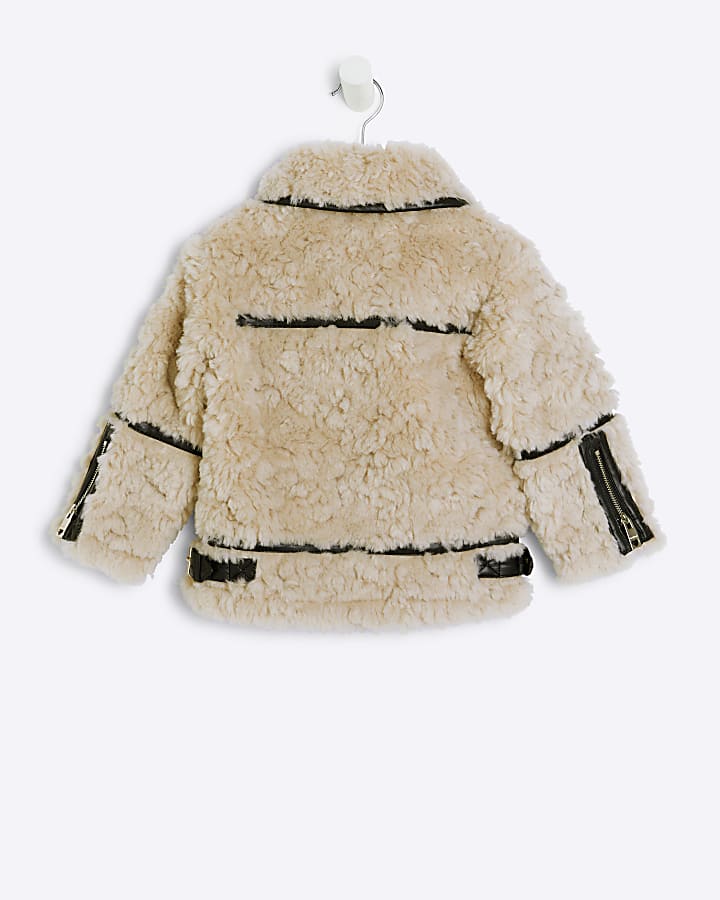 Mini girls cream borg aviator jacket
