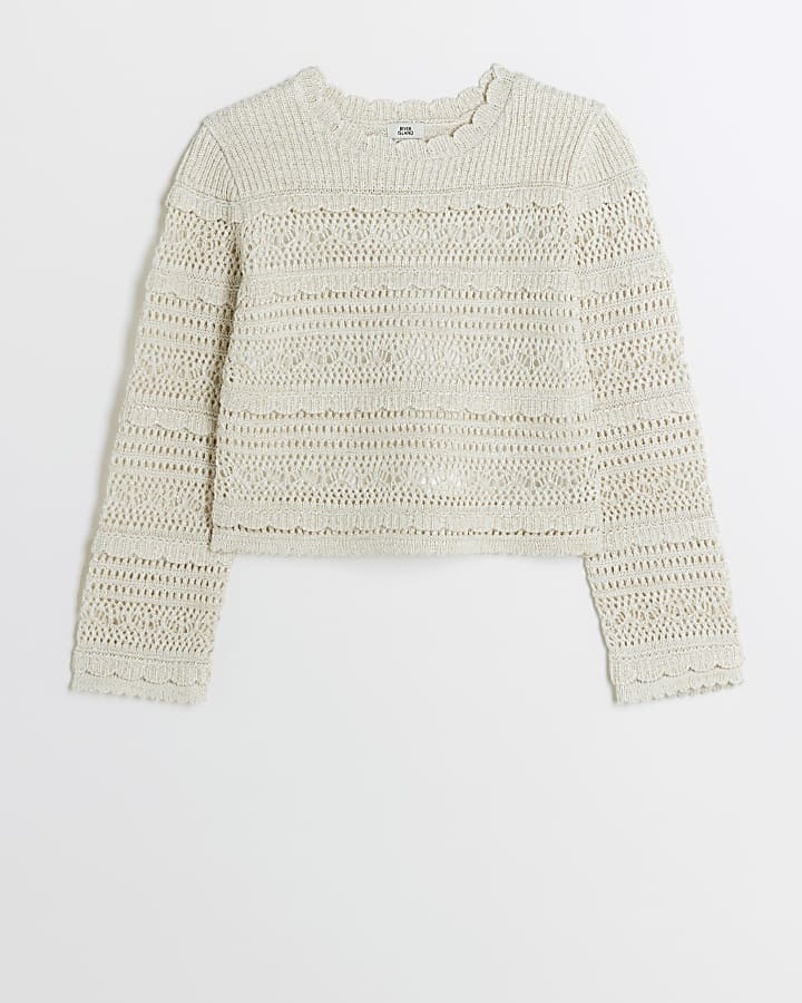 Girls cream crochet metallic jumper