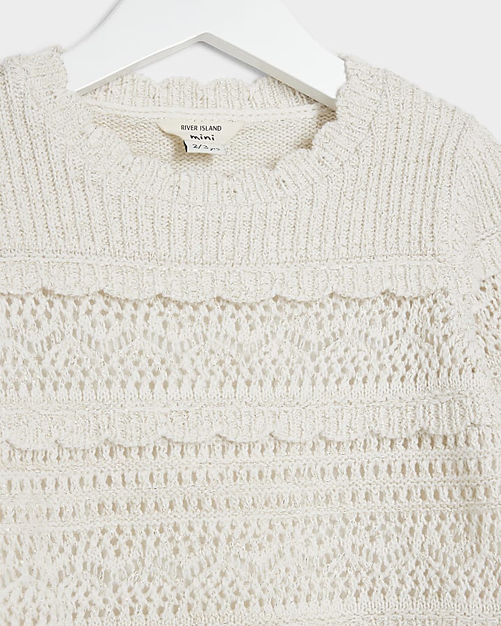 Mini girls cream crochet metallic jumper
