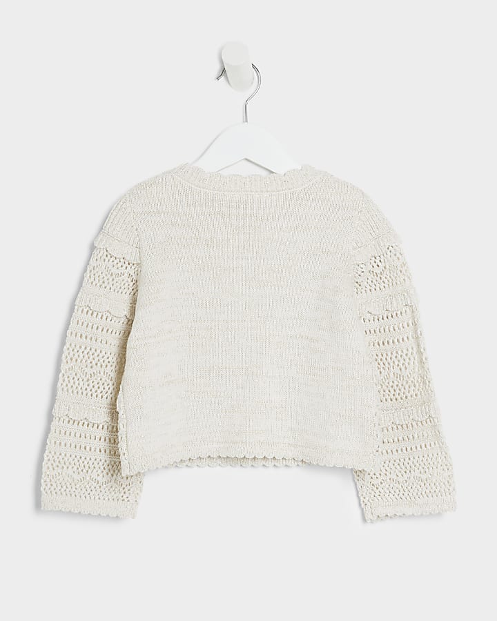 Mini girls cream crochet metallic jumper