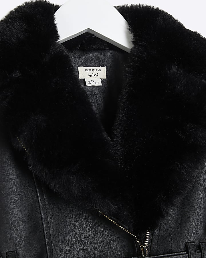 Mini Girls Black faux fur biker jacket