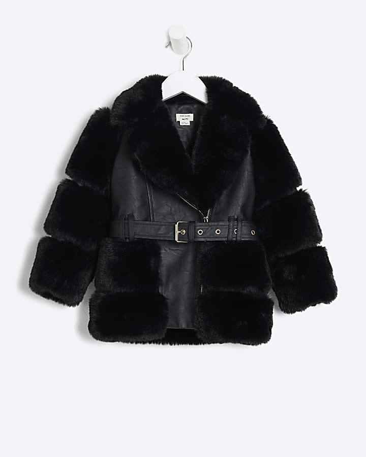 Black faux fur jacket river island best sale